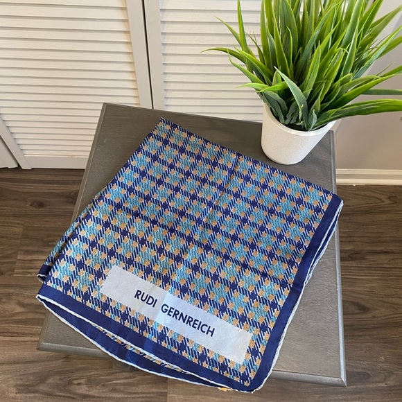 Rudi Gernreich Silk Scarf Blue Plaid Herringbone - Picture 1 of 5